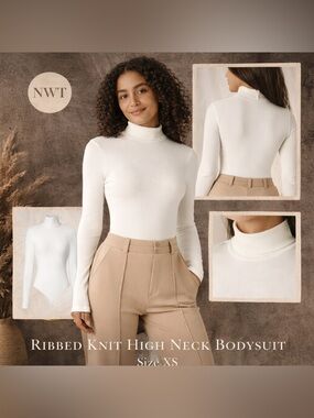 Halara Ribbed Knit High Neck Bodysuit XS White Long Sleeve Stretch Workwear